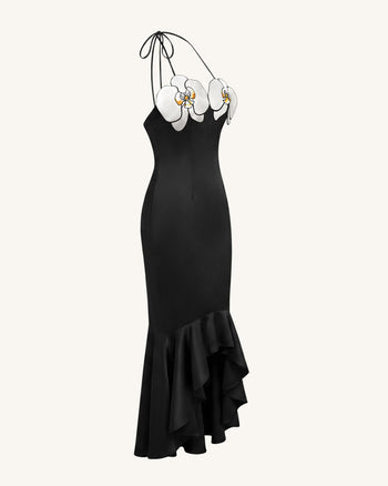 Robe midi asymétrique à broderies orchidées - Noir