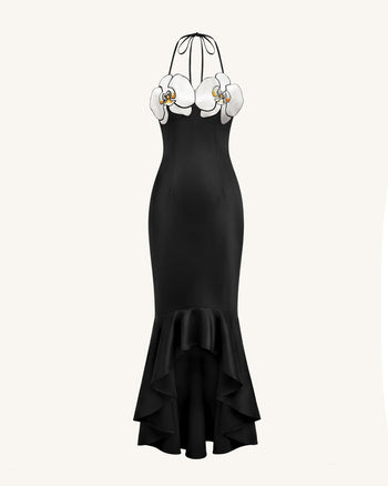 Robe midi asymétrique à broderies orchidées - Noir