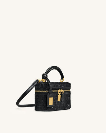 Sac à main avec anse supérieure en forme de boîte et cristal artificiel Cleo - Noir