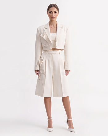 Blazer court à appliqués floraux - Blanc
