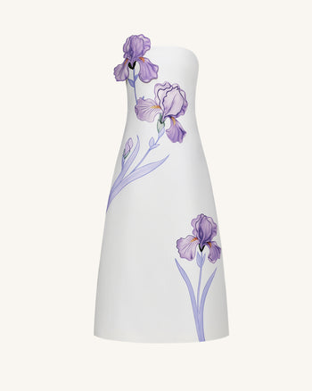Iris Robe longue évasée sans bretelles à imprimé floral – Blanc