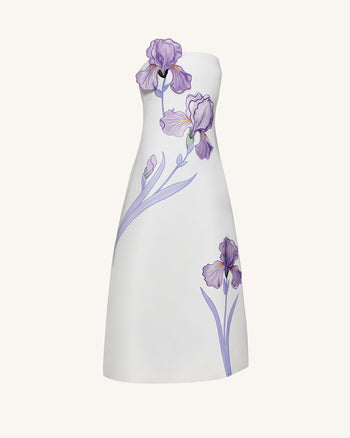 Iris Robe longue évasée sans bretelles à imprimé floral – Blanc