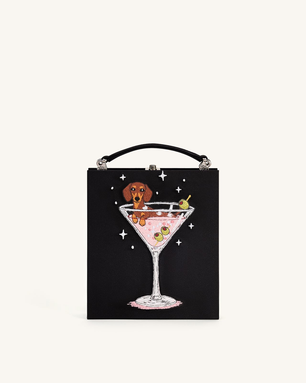 Taya Pochette forme livre à motif chiot et verre de vin - Noir