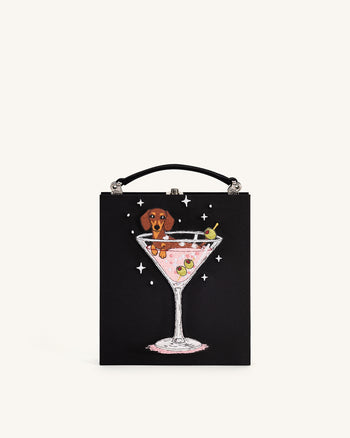 Taya Pochette forme livre à motif chiot et verre de vin - Noir