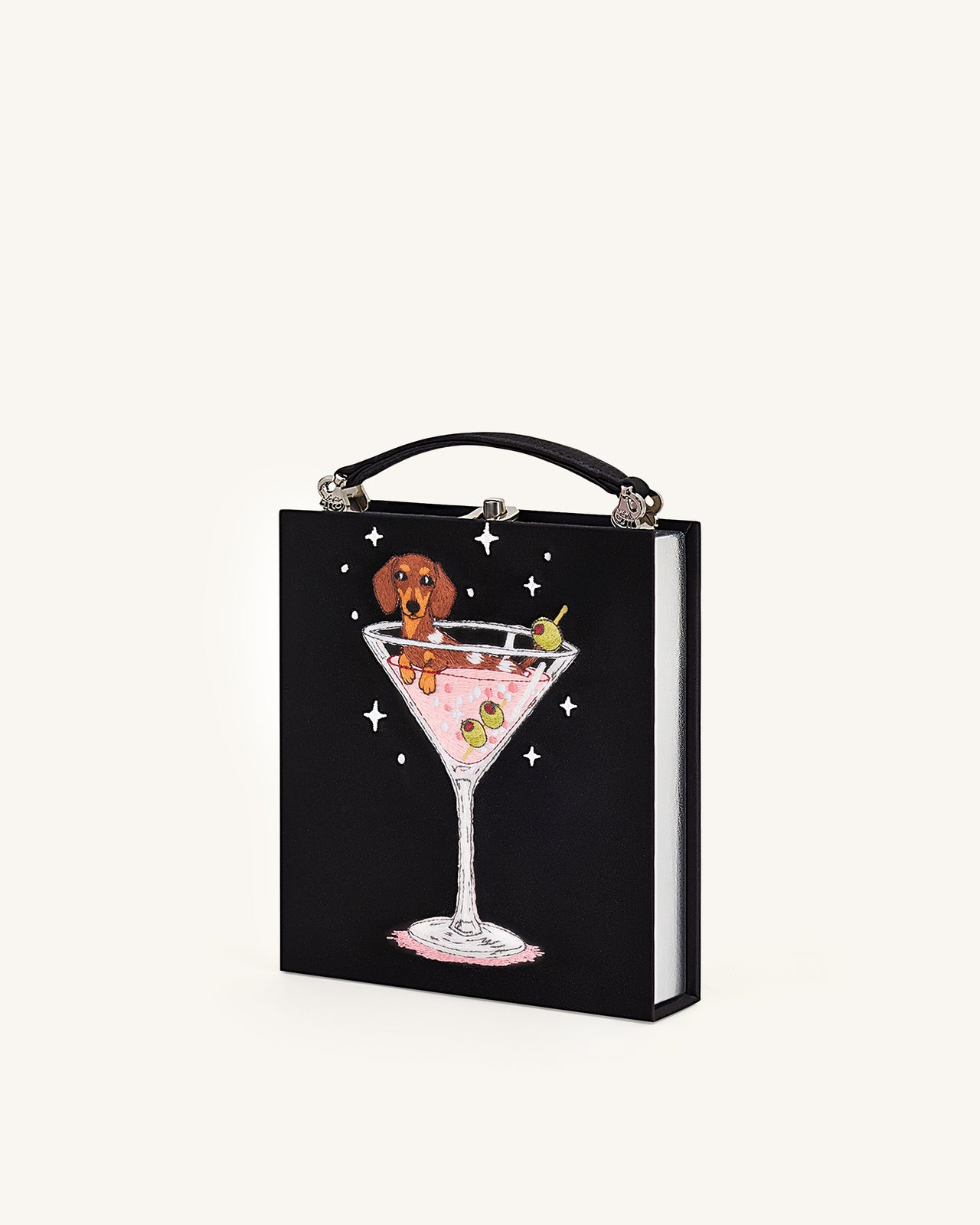Taya Pochette forme livre à motif chiot et verre de vin - Noir
