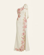 Robe longue asymétrique à fleurs brodées - Ivoire