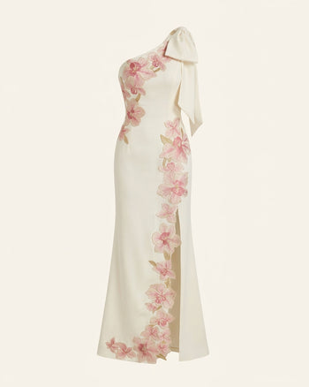 Robe longue asymétrique à fleurs brodées - Ivoire