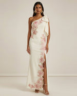 Robe longue asymétrique à fleurs brodées - Ivoire