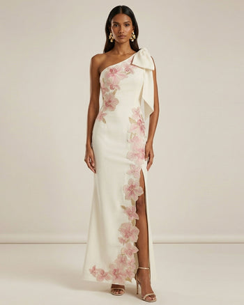Robe longue asymétrique à fleurs brodées - Ivoire