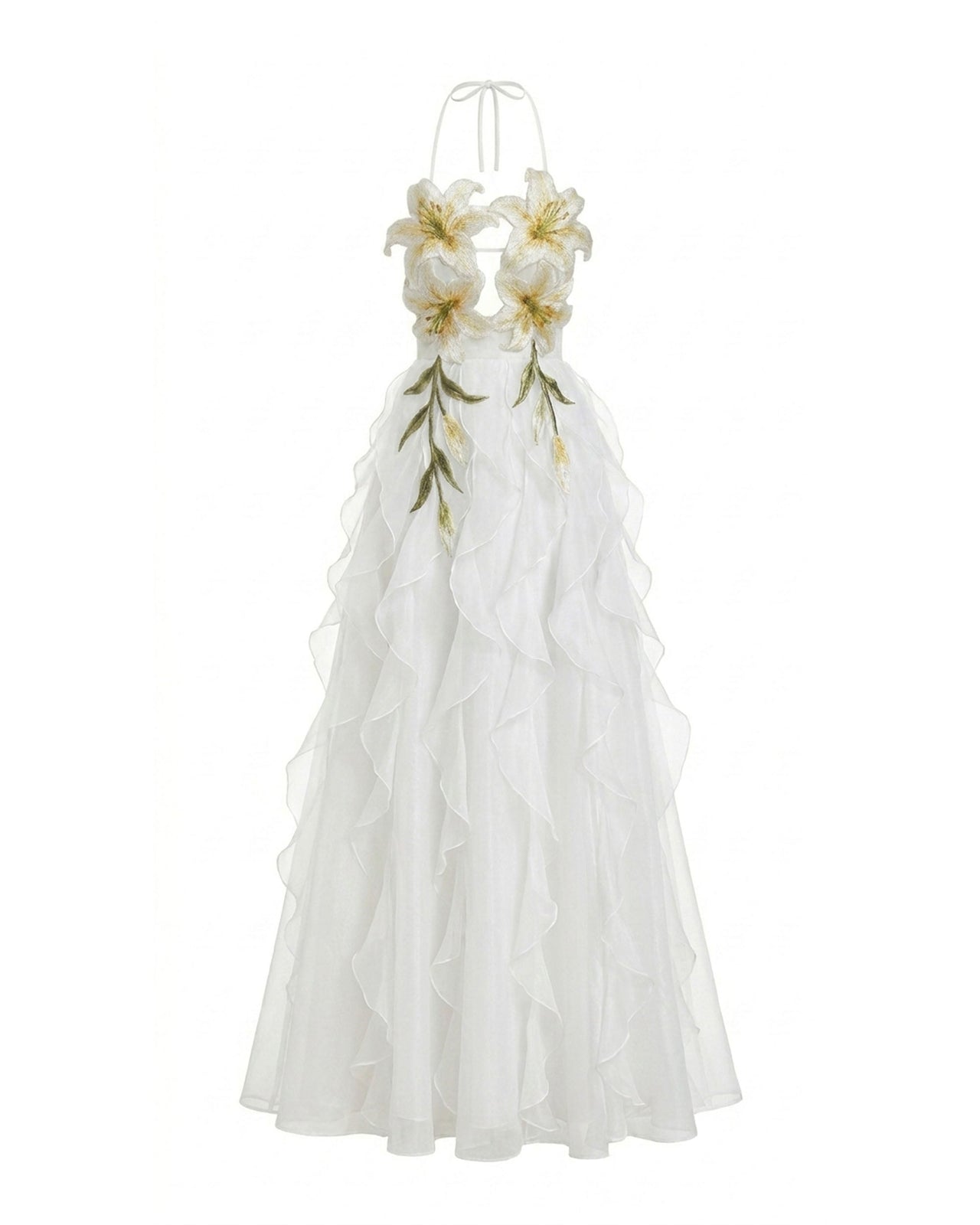 Robe longue à étages, dos nu, brodée de lys - Blanc