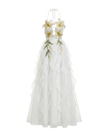 Robe longue à étages, dos nu, brodée de lys - Blanc