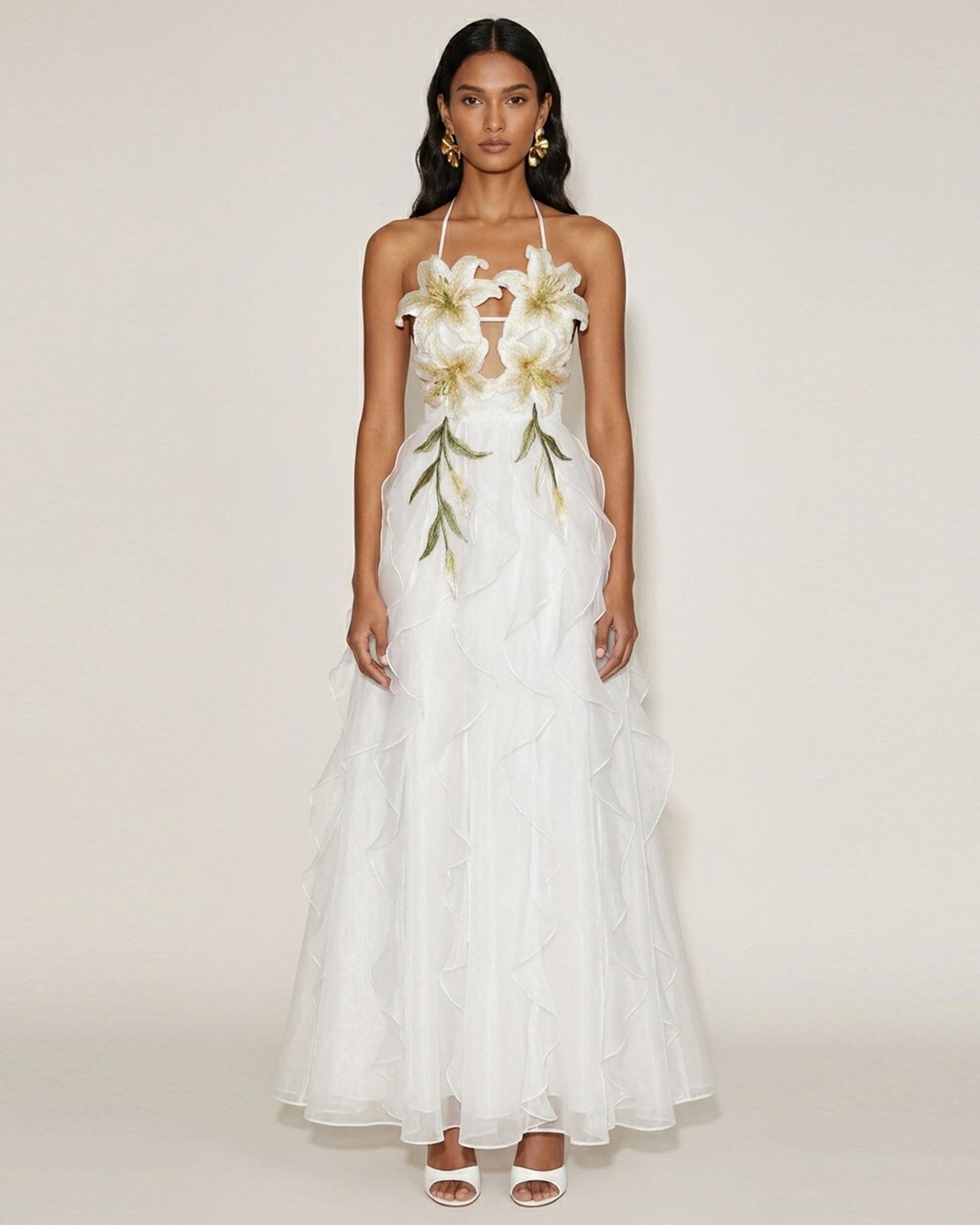 Robe longue à étages, dos nu, brodée de lys - Blanc