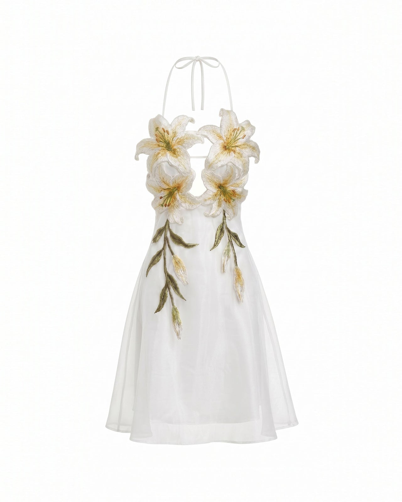 Robe courte dos nu brodée de lys - Blanc