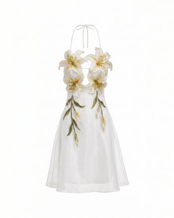 Robe courte dos nu brodée de lys - Blanc