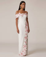 Robe longue épaules dénudées à fleurs brodées - Ivoire