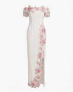 Robe longue épaules dénudées à fleurs brodées - Ivoire