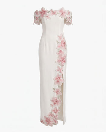 Robe longue épaules dénudées à fleurs brodées - Ivoire
