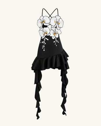 Mini-robe à volants et broderies orchidées - Noir