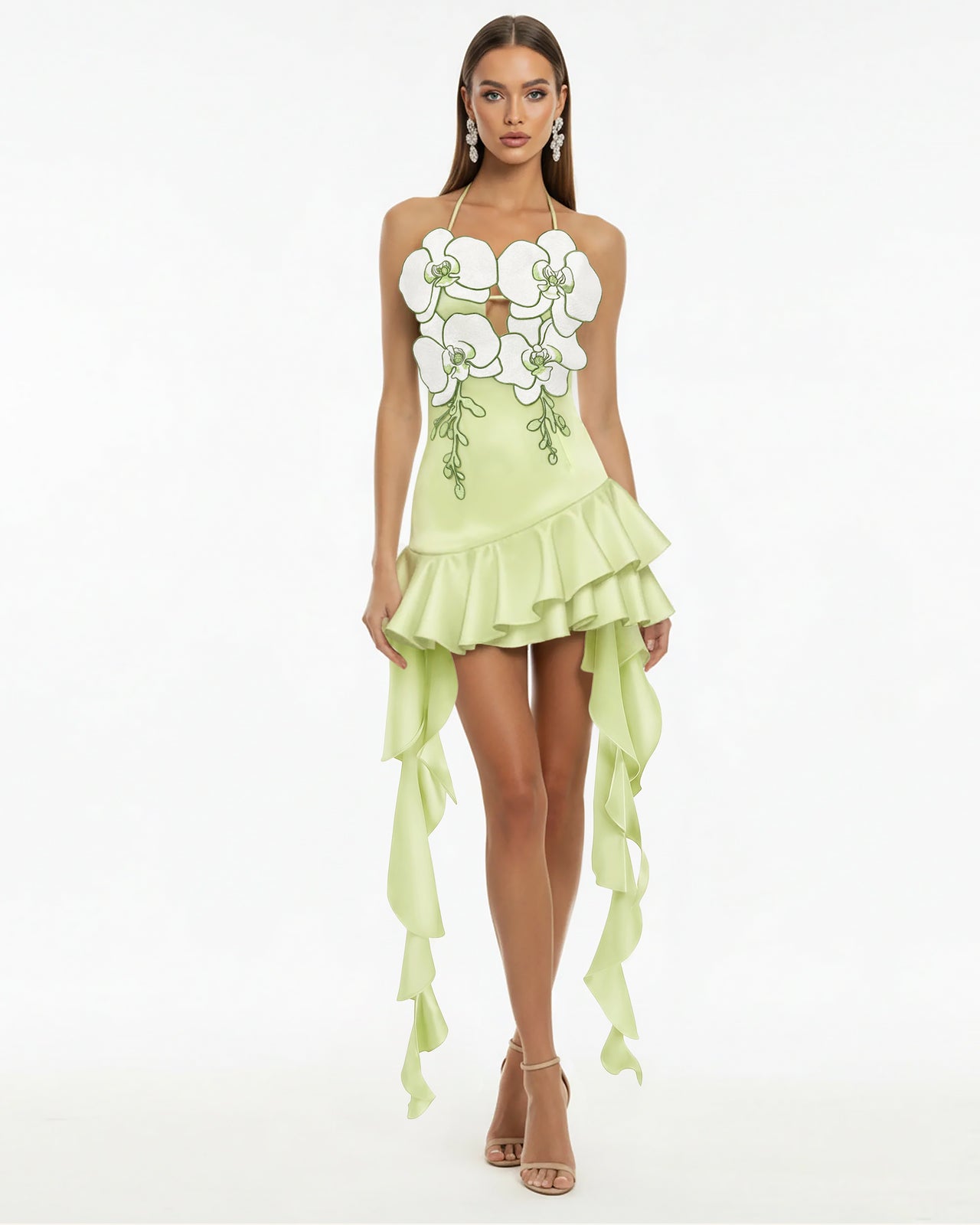 Mini-robe à volants et broderies orchidées - Vert clair