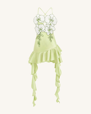 Mini-robe à volants et broderies orchidées - Vert clair