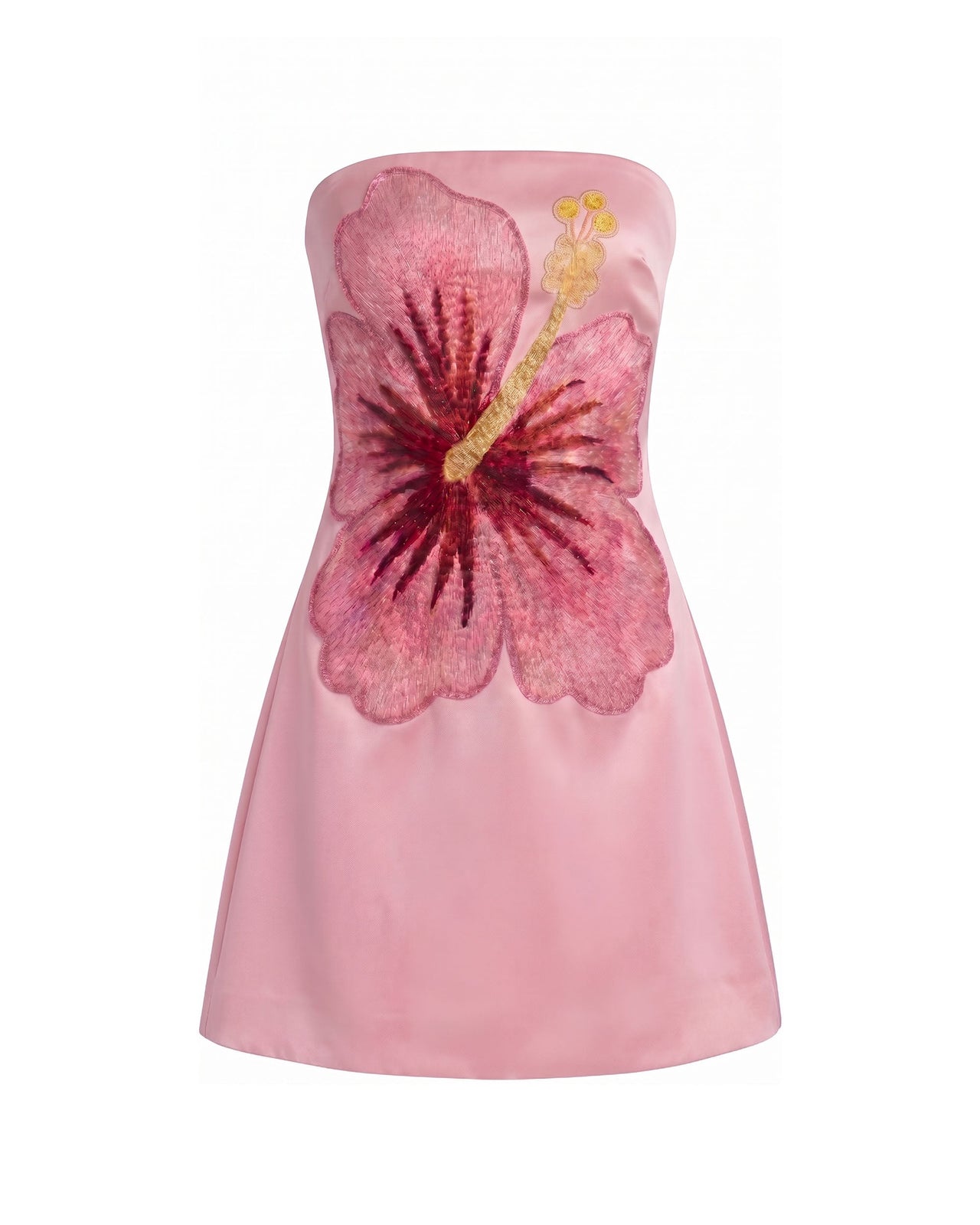 Robe courte bandeau brodée d'hibiscus - Rose