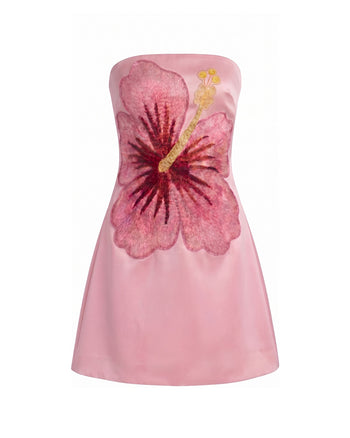 Robe courte bandeau brodée d'hibiscus - Rose
