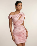 Robe courte froncée à découpes brodée d'orchidées - Rose poudré