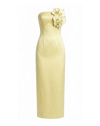 Robe longue bustier ornée d'orchidées - Jaune