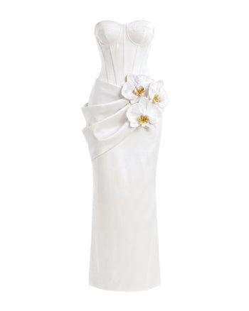 Robe longue corset à ornements orchidées - Blanc
