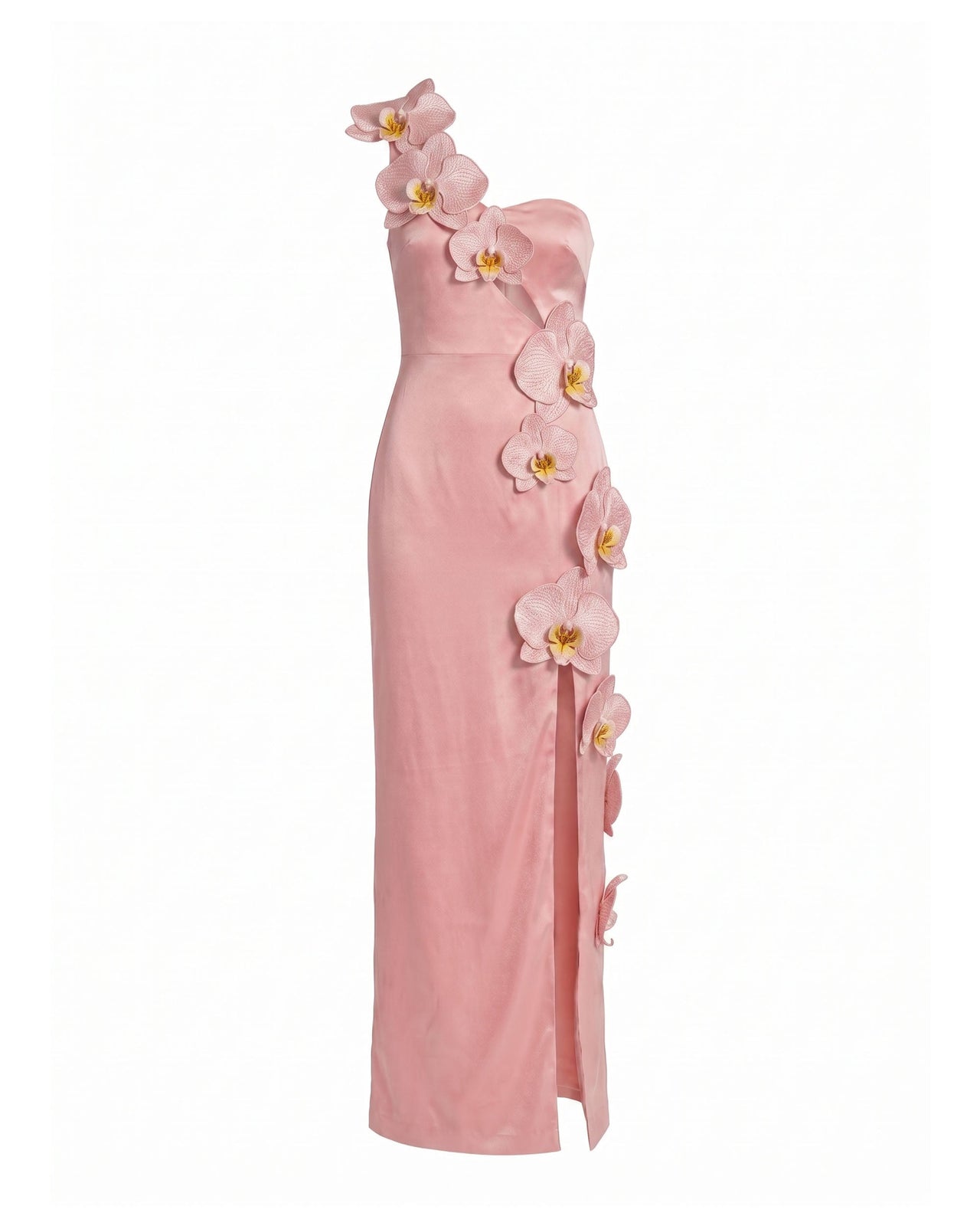 Robe longue fendue à découpes et ornements orchidées - Rose poudré