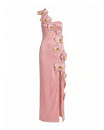 Robe longue fendue à découpes et ornements orchidées - Rose poudré