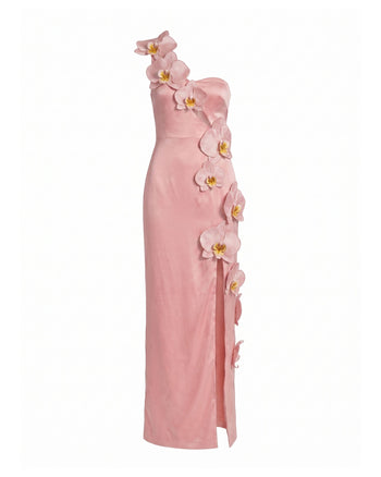Robe longue fendue à découpes et ornements orchidées - Rose poudré