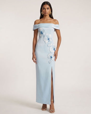 Robe longue épaules dénudées à orchidées brodées - Bleu