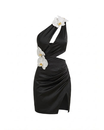 Robe courte à découpes et ornements orchidées - Noir