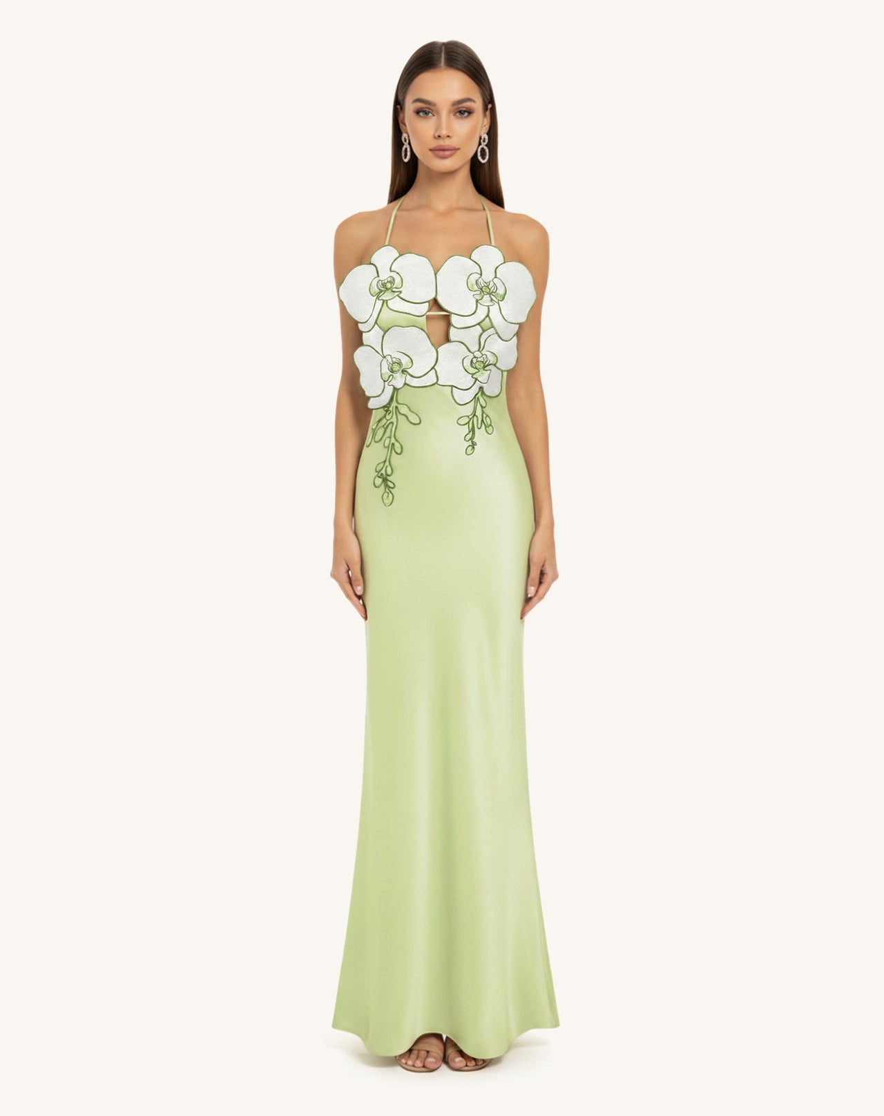 Robe Brodée Orchidée - Vert Clair/Ivoire