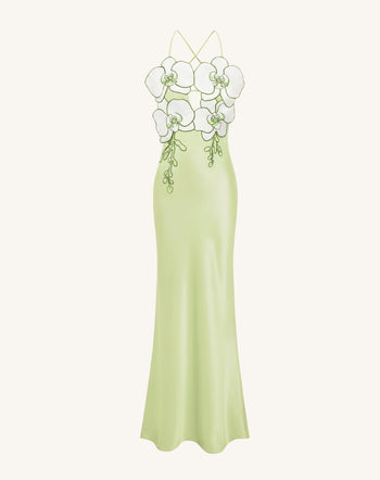 Robe Brodée Orchidée - Vert Clair/Ivoire