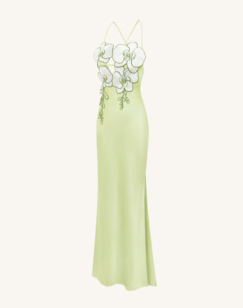 Robe Brodée Orchidée - Vert Clair/Ivoire