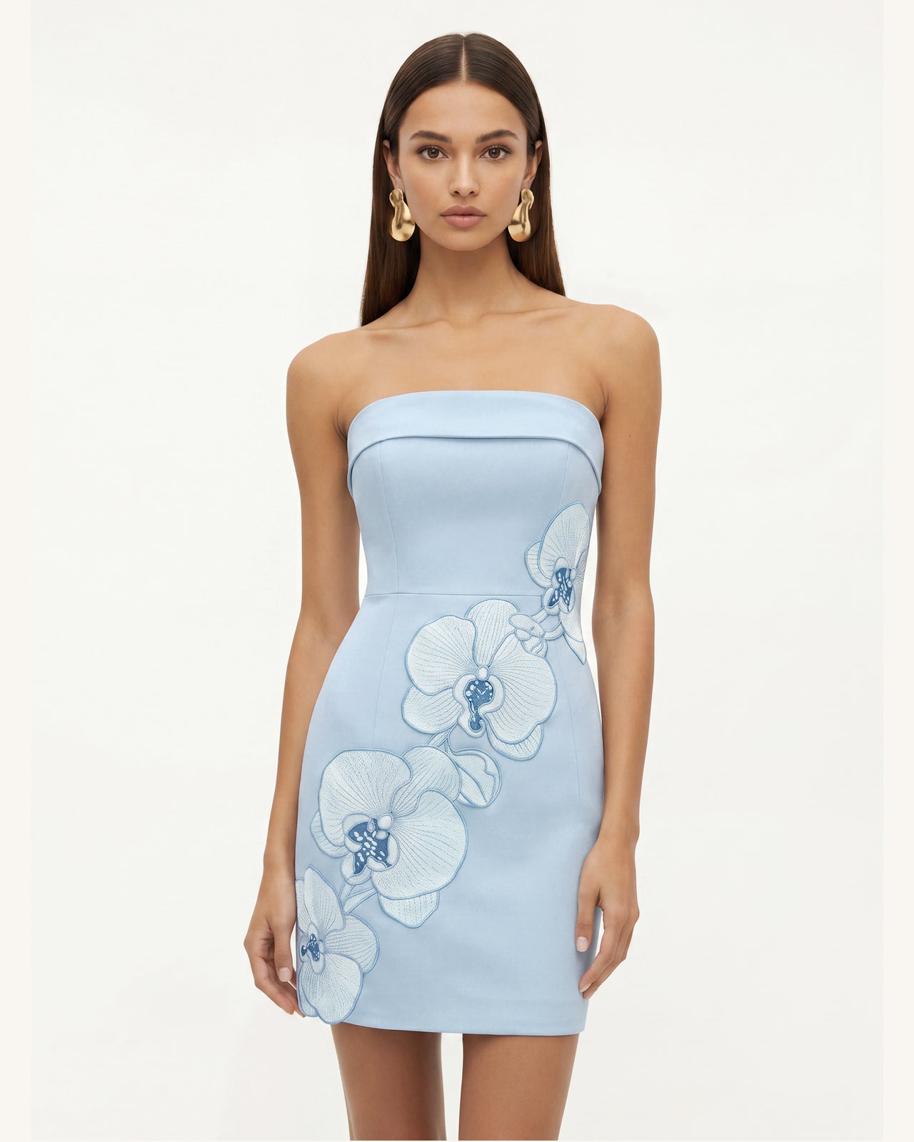Orchid Robe Midi Droite Bandeau Broderie - Bleu Clair