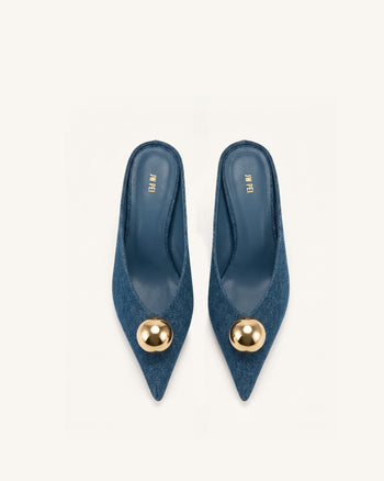 Helena Mules à bout pointu et sphère dorée - Bleu jean