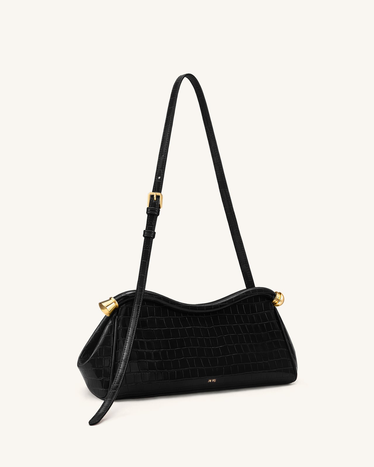 Naomi Sac à Bandoulière Incurvé - Croco Noir