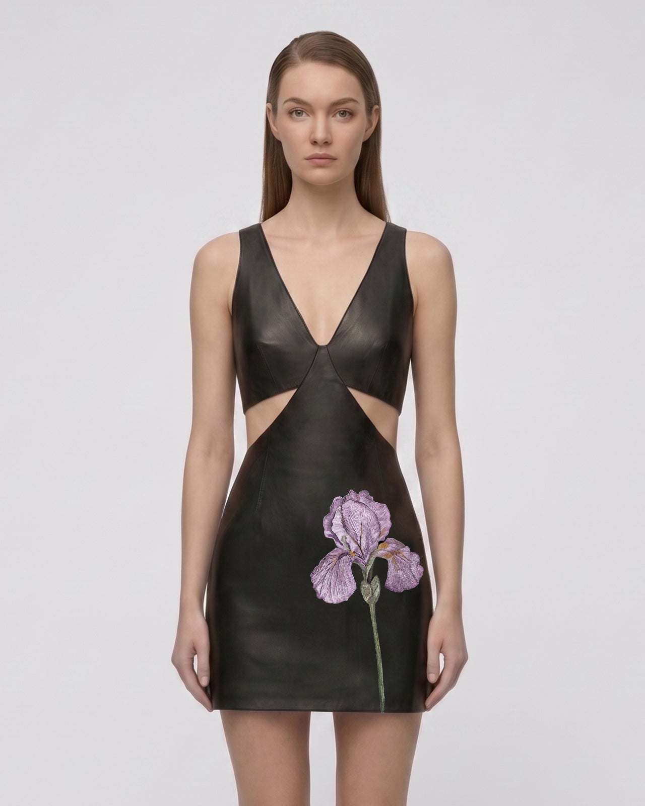 Iris Mini robe moulante en cuir avec découpes florales - Noir