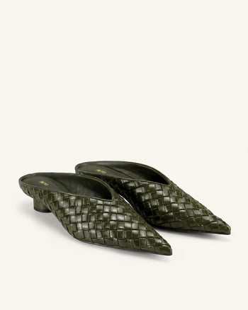 Helena Mules tissées texturées à bout pointu - Vert olive
