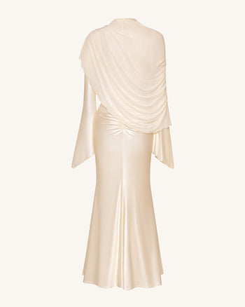 Robe longue de soirée moulante froncée avec châle transparent - Crème
