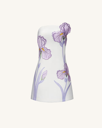 Robe courte sans bretelles à imprimé floral d'iris - Blanc