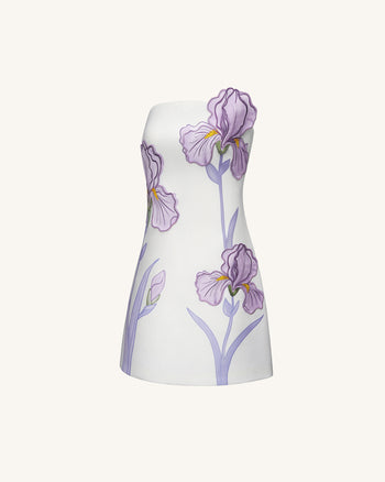 Robe courte sans bretelles à imprimé floral d'iris - Blanc
