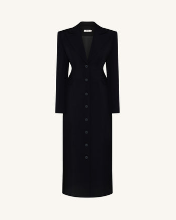 Manteau long ajusté à revers, aux épaules structurées – Noir