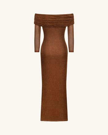 Robe longue à épaules dénudées en maille strassée - Marron