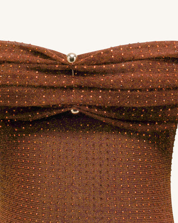 Robe longue à épaules dénudées en maille strassée - Marron