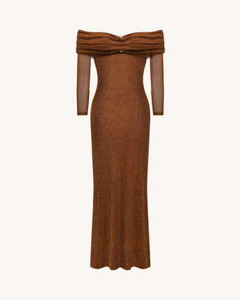 Robe longue à épaules dénudées en maille strassée - Marron