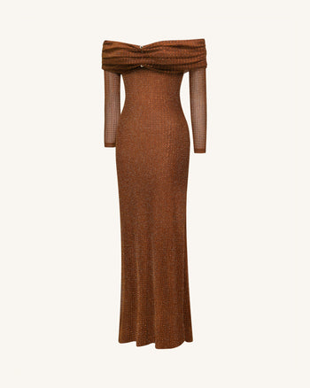 Robe longue à épaules dénudées en maille strassée - Marron